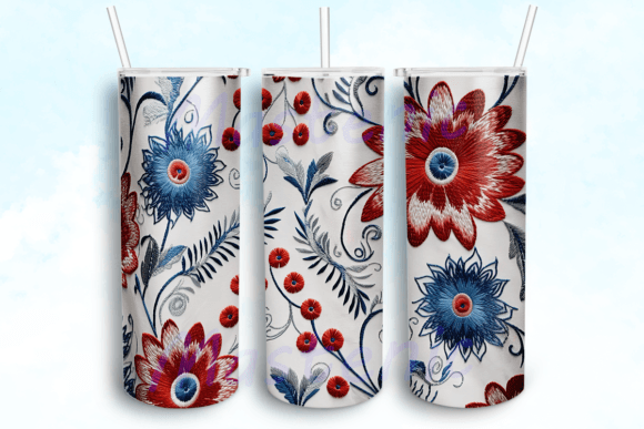 Embroidered Red and Blue Floral PNG