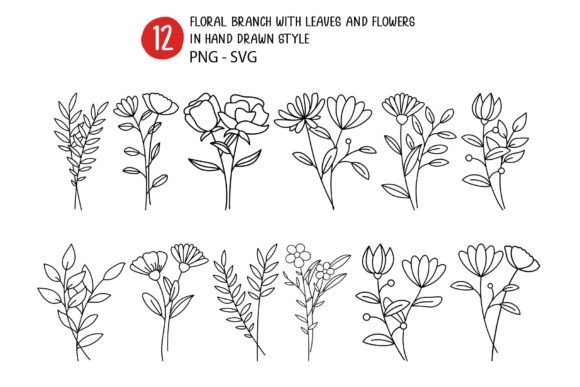 Floral Branch with Leaves and Flowers