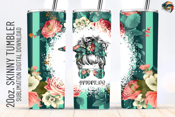 Floral Green Stripe Mom Life 20oz Wrap