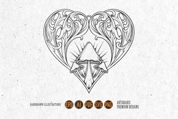Mushroom Accents Engraved Floral Heart