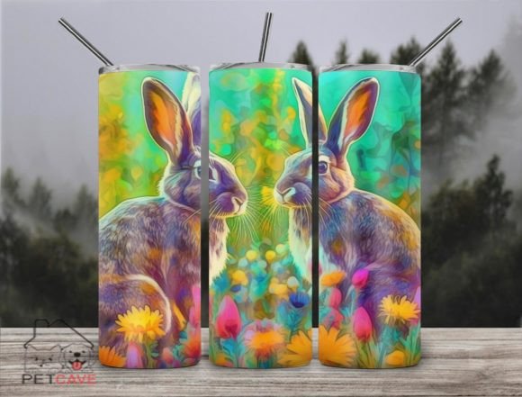 Rabbits Colorful Floral Tumbler PNG