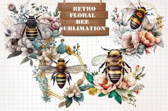 Retro Floral Bee PNG Sublimation Design