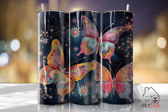 Three Floral Butterflies Tumbler PNG