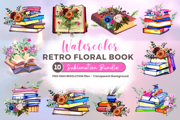 Watercolor Retro Floral Book Clipart